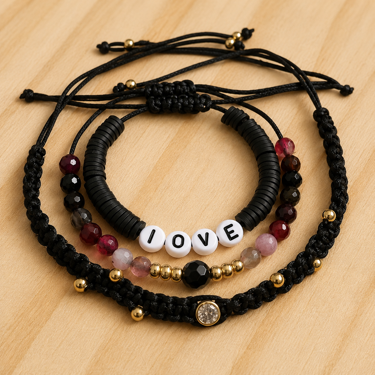 Set de pulseras negras LOVE hechas por alumna del curso