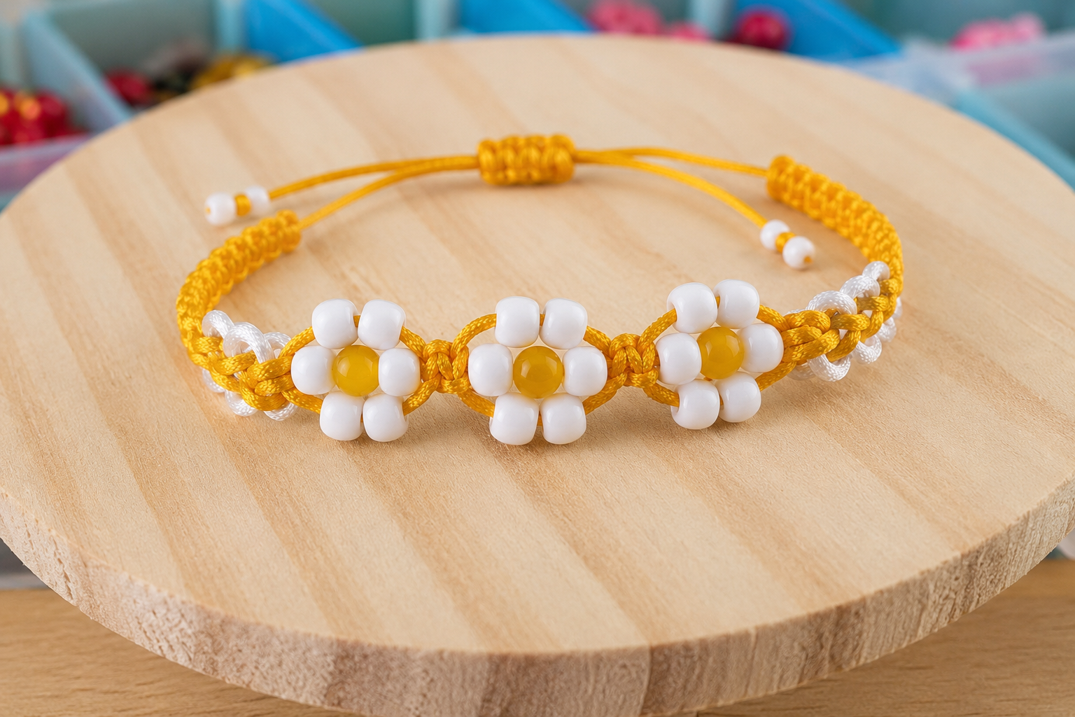 Pulsera de margaritas hecha por alumna del curso