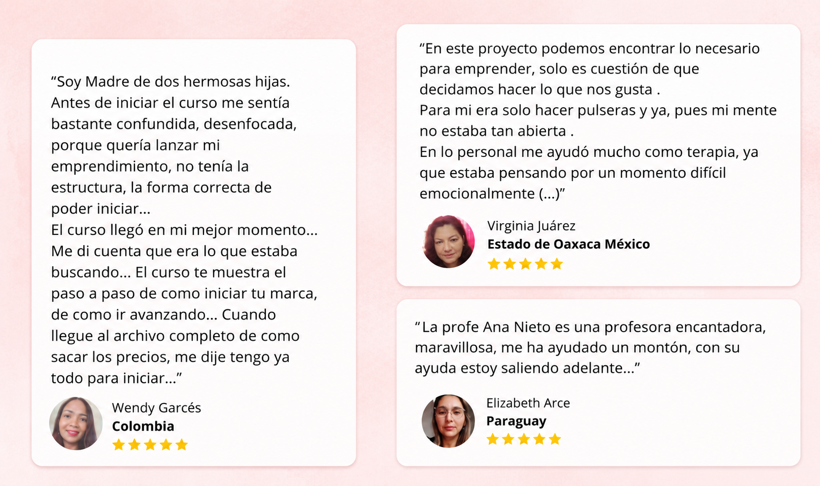 Testimonios de alumnas del curso — capturas reales