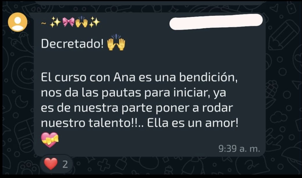 Mensaje de WhatsApp de Ana María — alumna del curso