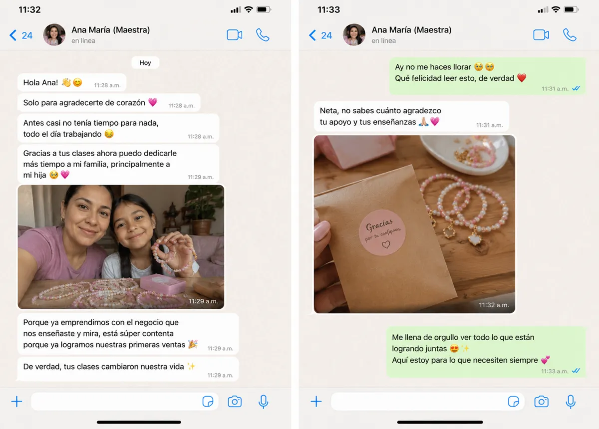 Conversación de WhatsApp de una alumna agradeciendo a Ana María por las clases