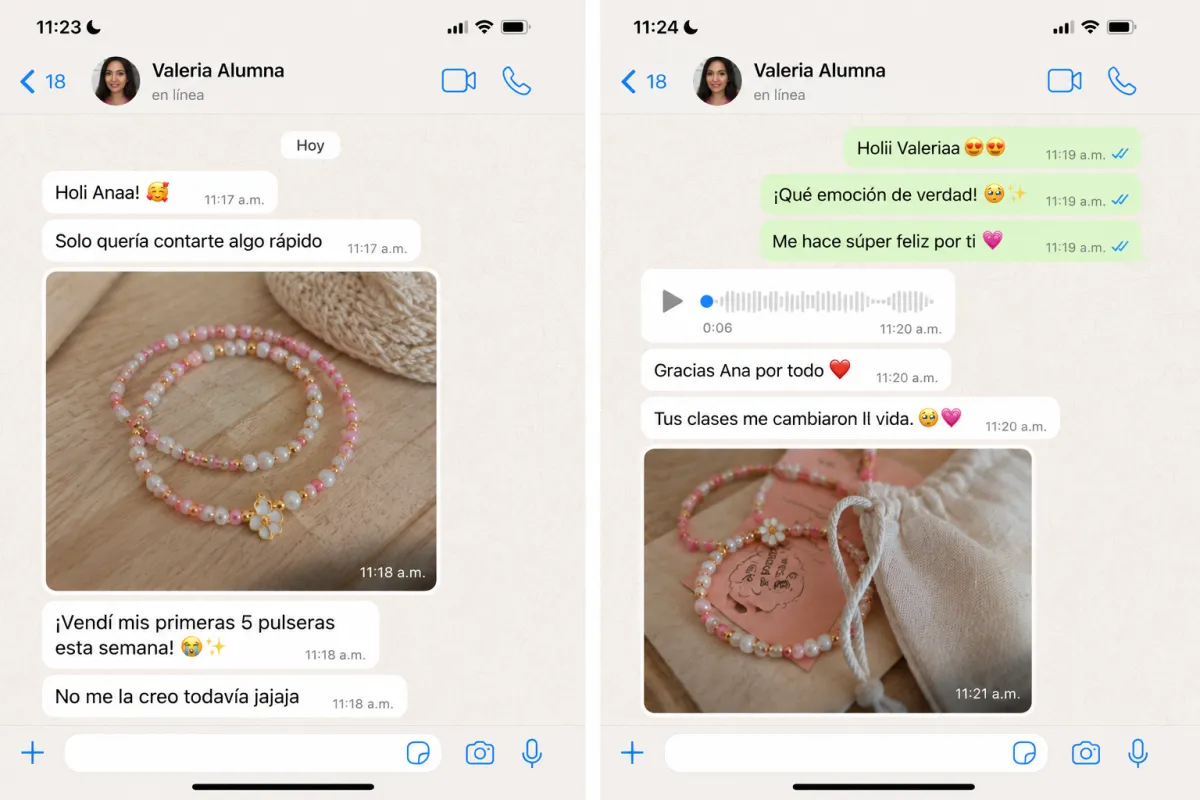 Conversación de WhatsApp con Valeria, alumna que vendió sus primeras 5 pulseras